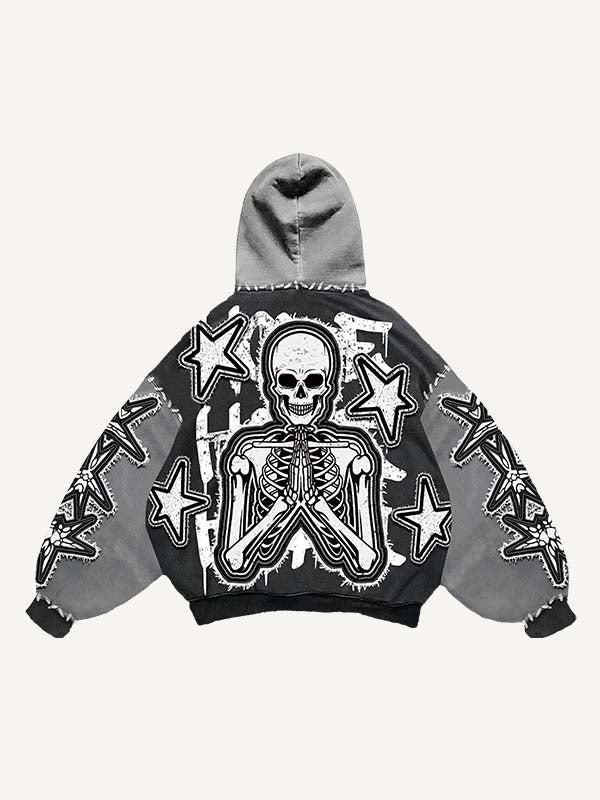 Colorblock Star&Skeleton Pray Faux Decal Print Slant Pockets Hoodie