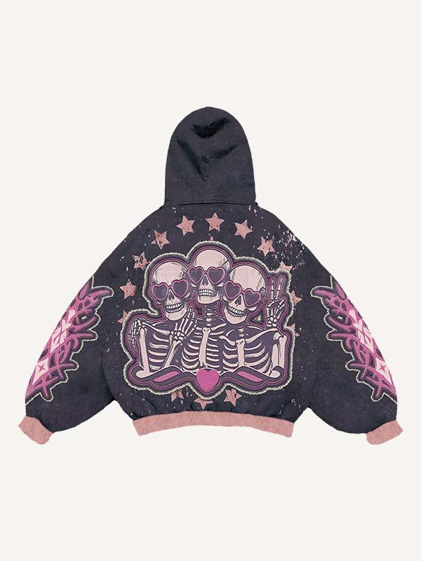 Colorblock Heart&Star Skeleton Team Graphic Faux Decal Print Slant Pockets Hoodie
