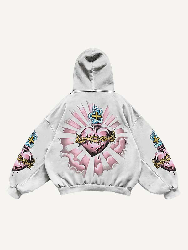 Pray Letter&Heart&Palm Print Slant Pockets Hoodie