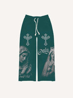 Mary&Pray&Cross&Letter Faux Rhinestones Print Elastic Waist Pants