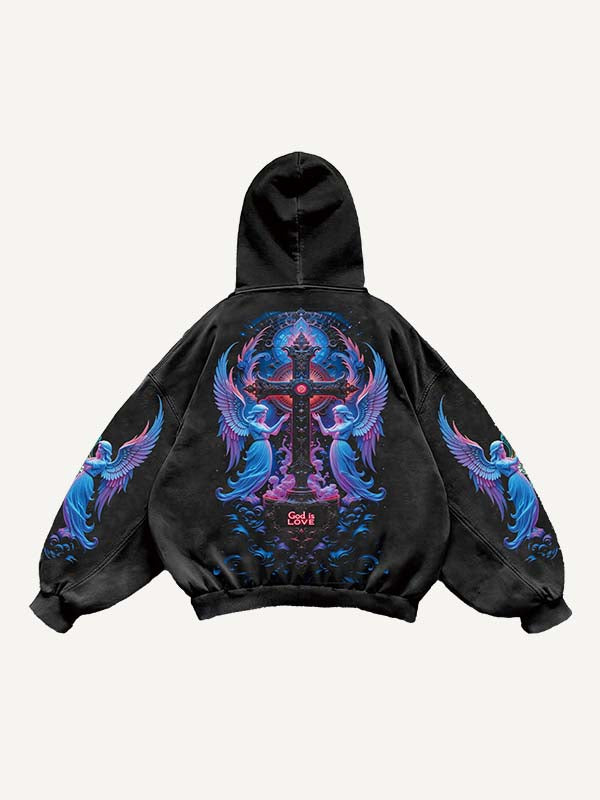 Figure&Cross&Wing&Graphic&Letter Print Slant Pockets Hoodie