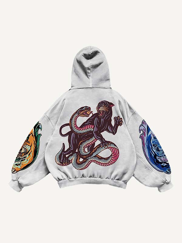 Tiger&Letter Graphic Print Slant Pockets Hoodie