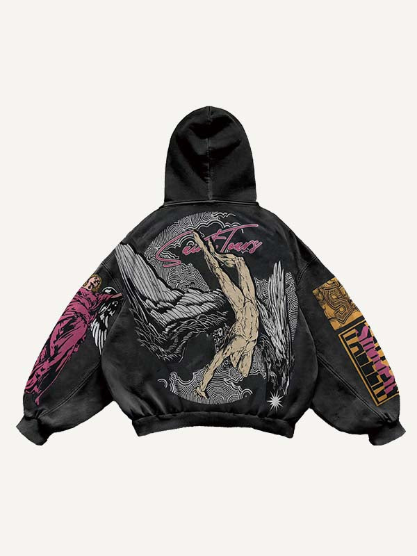 Figure&Wing&Letter Print Slant Pockets Hoodie