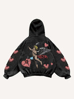 Cupid&Heart Print Slant Pockets Hoodie