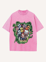 Distressed Washed Horror Print Round Neck T-shirt
