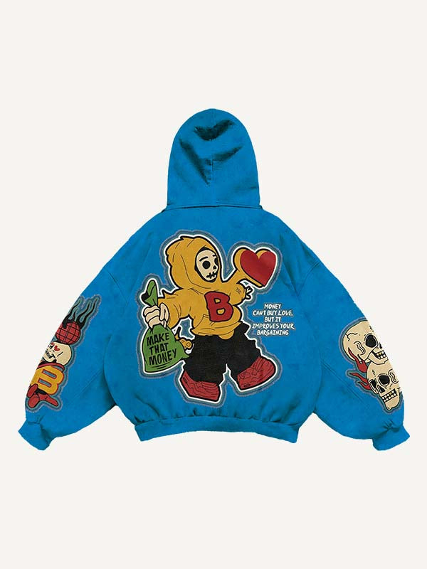 Skull&Letter&Heart Graphic Faux Decal Print Slant Pockets Hoodie