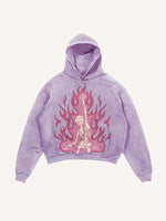 Distressed Washed Pink Fire Skeleton Print Slant Pockets Hoodie