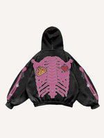 Skeleton&Heart&Cross&Gesture Faux Decal Print Slant Pockets Hoodie