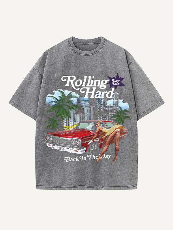 Distressed Washed Figure&City&Graphic&Money&Letter Print Round Neck T-shirt