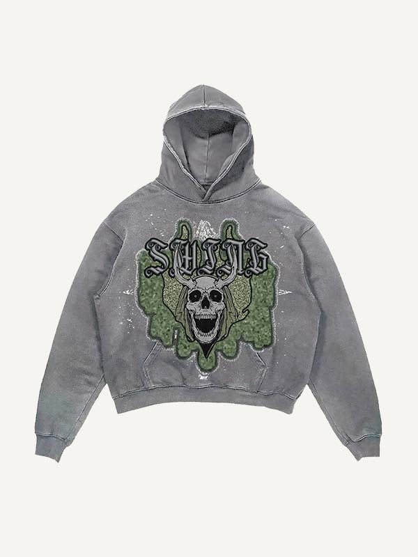 Distressed Washed Skull Faux Decal Print Slant Pockets Hoodie
