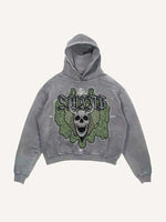 Distressed Washed Skull Faux Decal Print Slant Pockets Hoodie