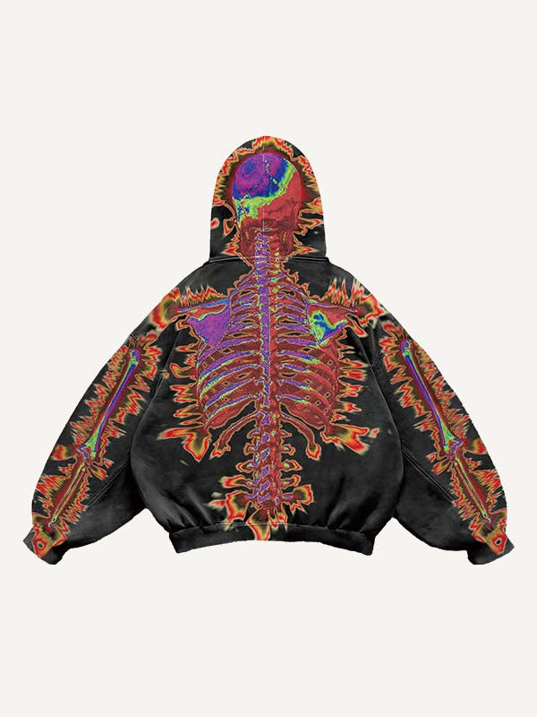 Skeleton Glow Print Slant Pockets Hoodie