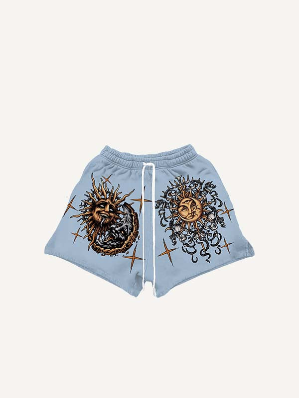 Evil Sun&Moon&Graphic Print Drawstring Waist Shorts