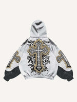 Colorblock Palm&Cross&Letter&Angel&Money Faux Decal Print Slant Pockets Hoodie