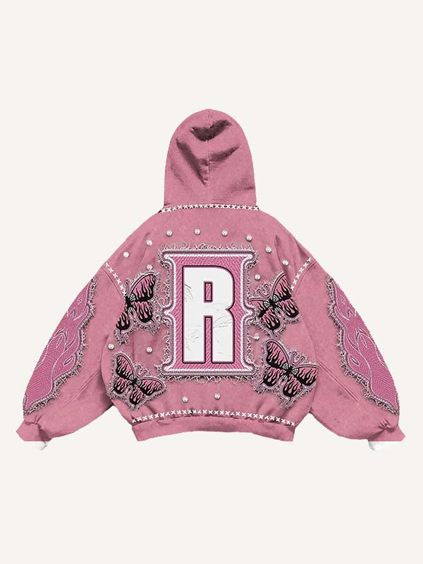 Fire Butterfly Faux Rhinestones Print Faux Decal Print Slant Pockets Hoodie