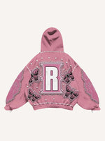 Fire Butterfly Faux Rhinestones Print Faux Decal Print Slant Pockets Hoodie