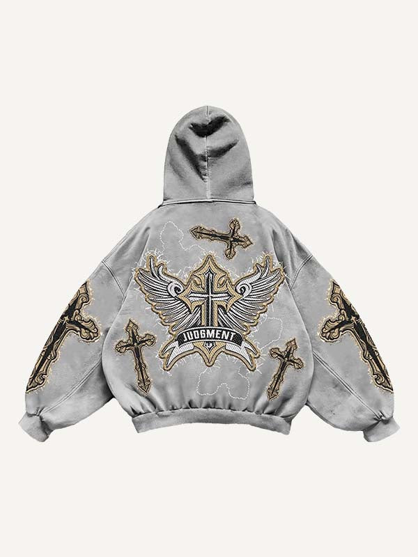Cross&Wing Faux Decal Print Slant Pockets Hoodie