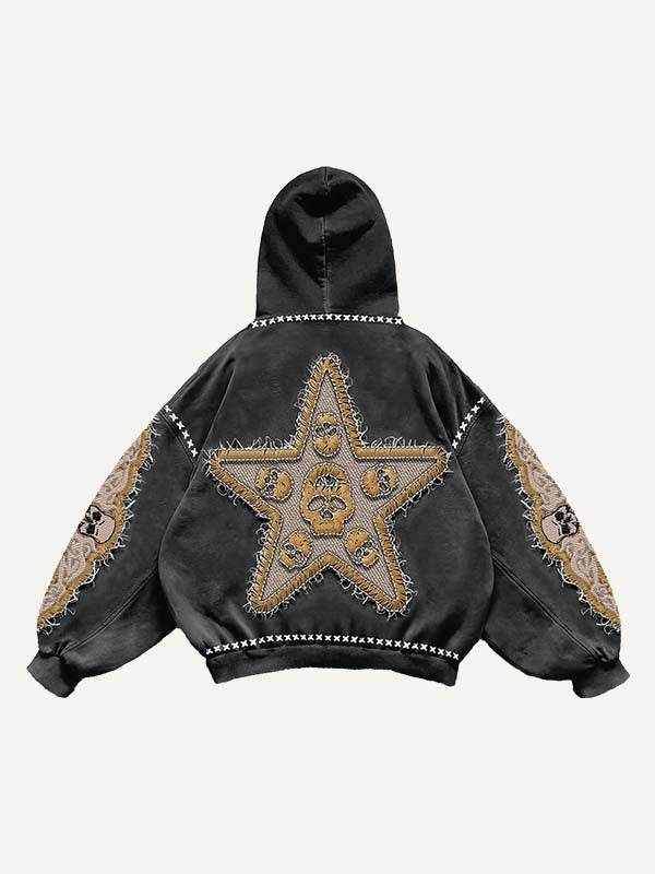 Skull&Star Faux Decal Print Slant Pockets Hoodie
