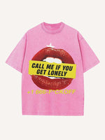 Distressed Washed Lips&Letter Print Round Neck T-shirt