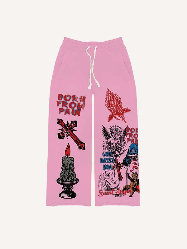 Angel&Pray&Cross&Wing&Letter&Graphic Print Elastic Waist Pants