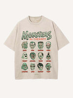 Distressed Washed Halloween Horror Print Round Neck T-shirt