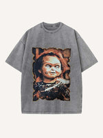 Distressed Washed Horror Print Round Neck T-shirt