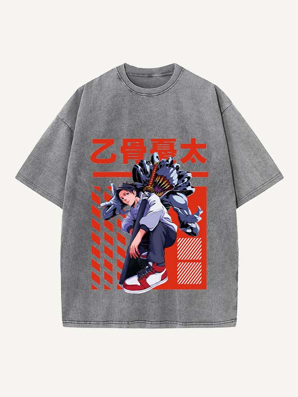 Distressed Washed Figure&Sword&Monsters&Letter Print Round Neck T-shirt