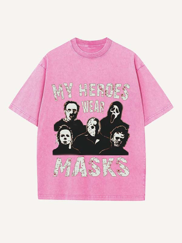 Distressed Washed Halloween Horror Print Round Neck T-shirt