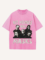 Distressed Washed Halloween Horror Print Round Neck T-shirt