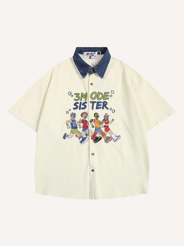 Figure&Letter Embroidery Splicing Denim Collar Shirt