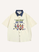 Figure&Letter Embroidery Splicing Denim Collar Shirt