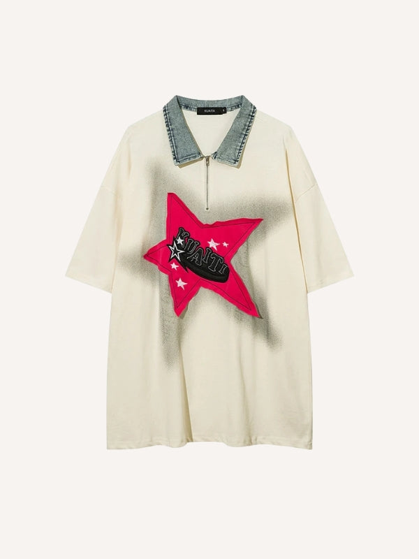 Letter&Star Patches Denim Lapel Polo Shirt