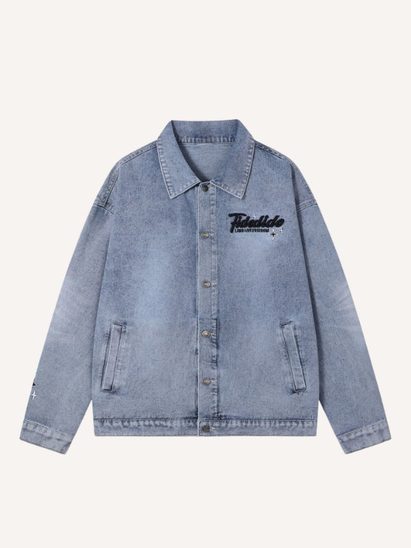 Distressed Washed Letter Embroidery Denim Jacket