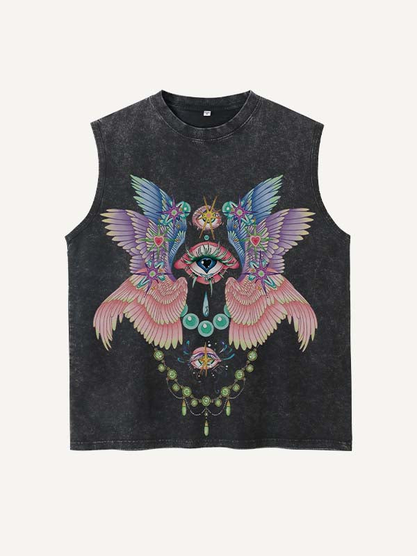 Distressed Washed Eye&Wing Print Round Neck Tank