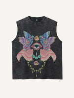 Distressed Washed Eye&Wing Print Round Neck Tank