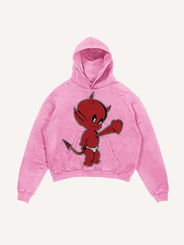 Distressed Washed Little Devil Heartbeat Faux Decal Print Slant Pockets Hoodie