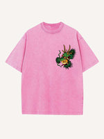 Distressed Washed Dragon&House&Graphic Print Round Neck T-shirt