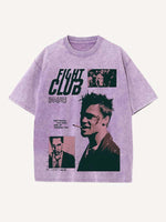 Distressed Washed Figure&Smoke&Letter Print Round Neck T-shirt