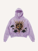Distressed Washed Evil Moon&Sun&Cloud&Star Print Slant Pockets Hoodie