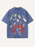 Distressed Washed Figure&Letter Print Round Neck T-shirt