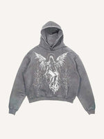Distressed Washed Figure&Wing Graphic Print Slant Pockets Hoodie