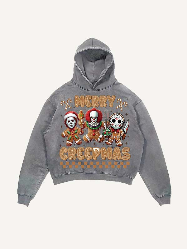 Distressed Washed Christmas Horror Print Slant Pockets Hoodie