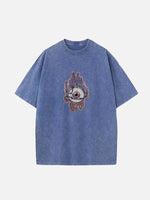 Distressed Washed Eyeball&Fire&Eye Faux Decal Print Round Neck T-shirt