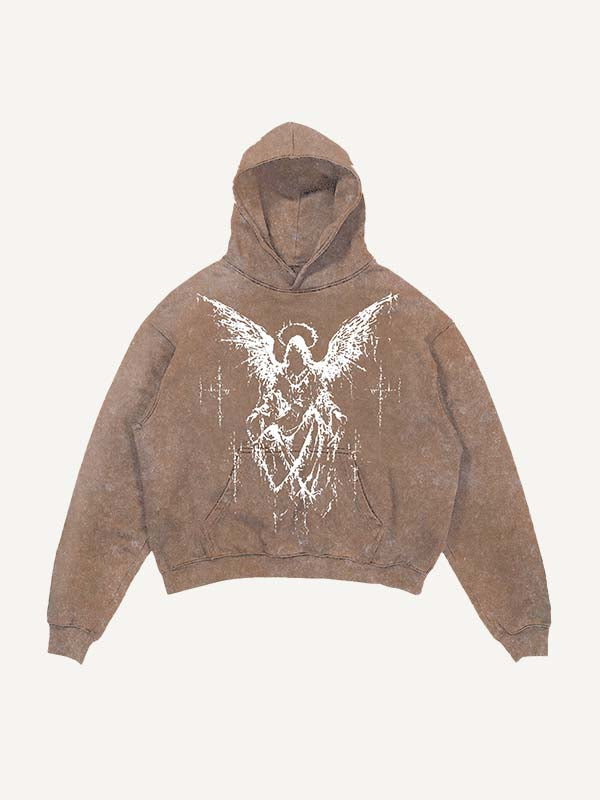 Distressed Washed Figure&Wing Print Slant Pockets Hoodie