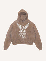 Distressed Washed Figure&Wing Print Slant Pockets Hoodie