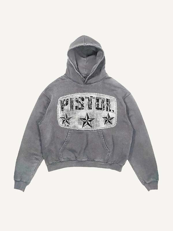 Distressed Washed Pistol&Letter Faux Decal Print Slant Pockets Hoodie
