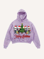 Distressed Washed Christmas Horror Print Slant Pockets Hoodie