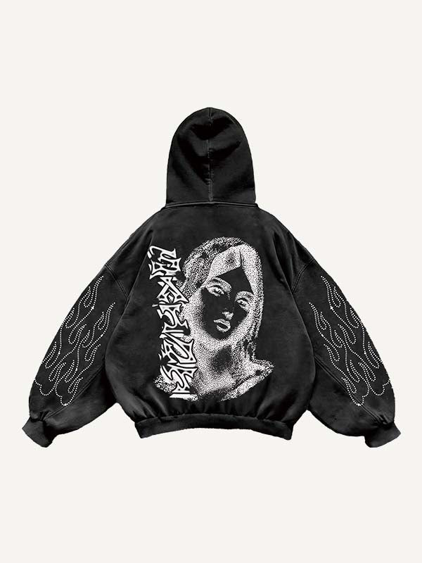 Eye&Cross&Mary&Letter Faux Rhinestones Print Slant Pockets Hoodie