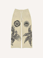 Eye&Wing&Sun Print Elastic Waist Pants