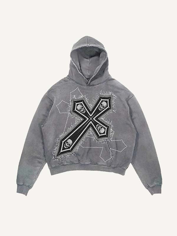 Distressed Washed Skull&Cross Faux Decal Print Slant Pockets Hoodie